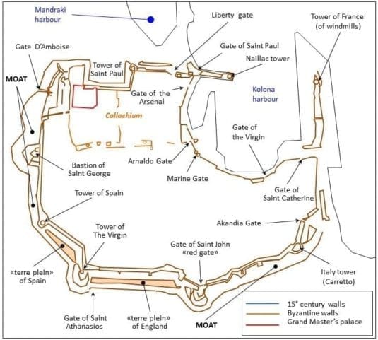 Plan Of The Old City - The Walls And The Gates In Rhodes